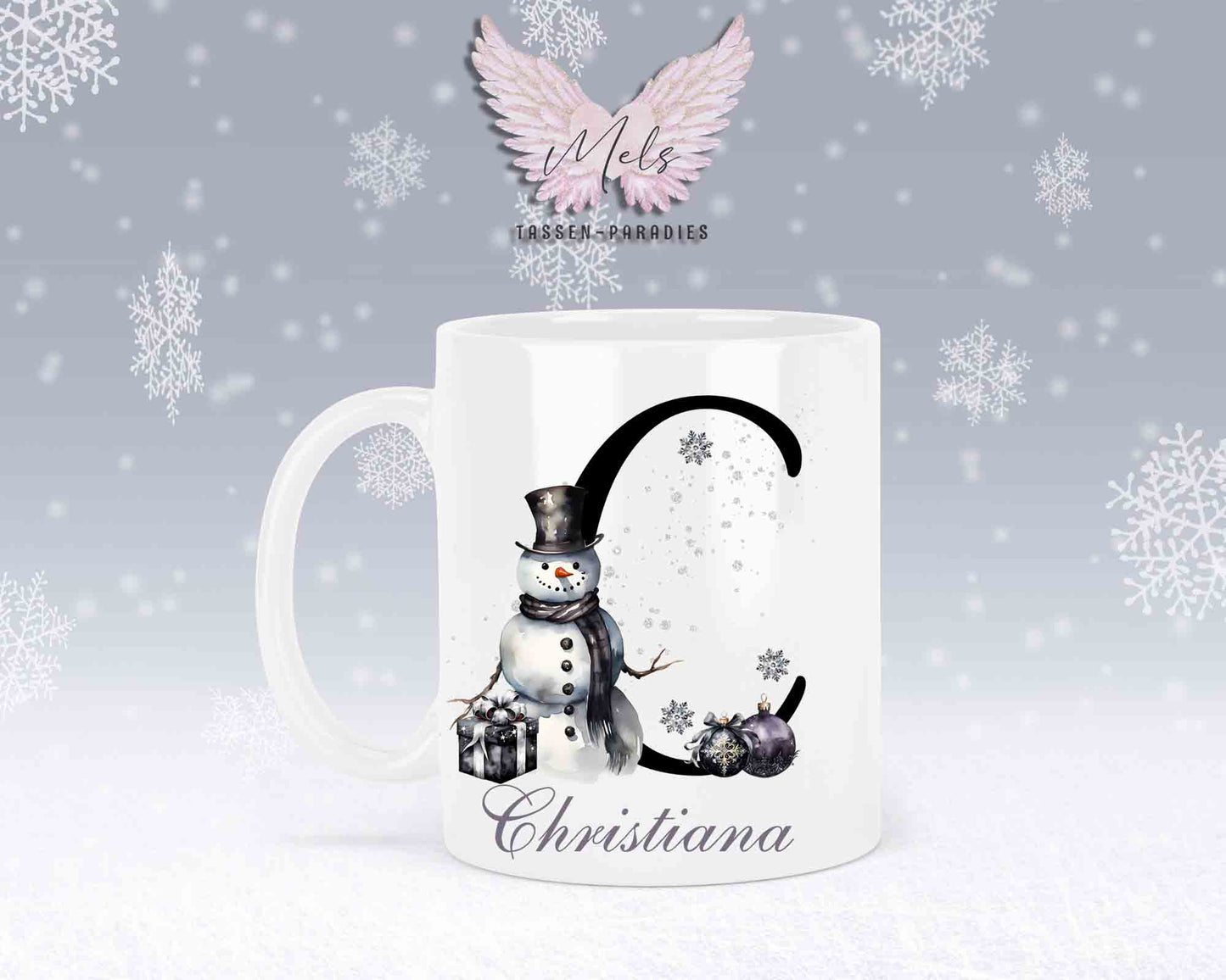 Schneemann Black-Alphabet mit Name - Personalisierte Keramik-Tasse Weiß