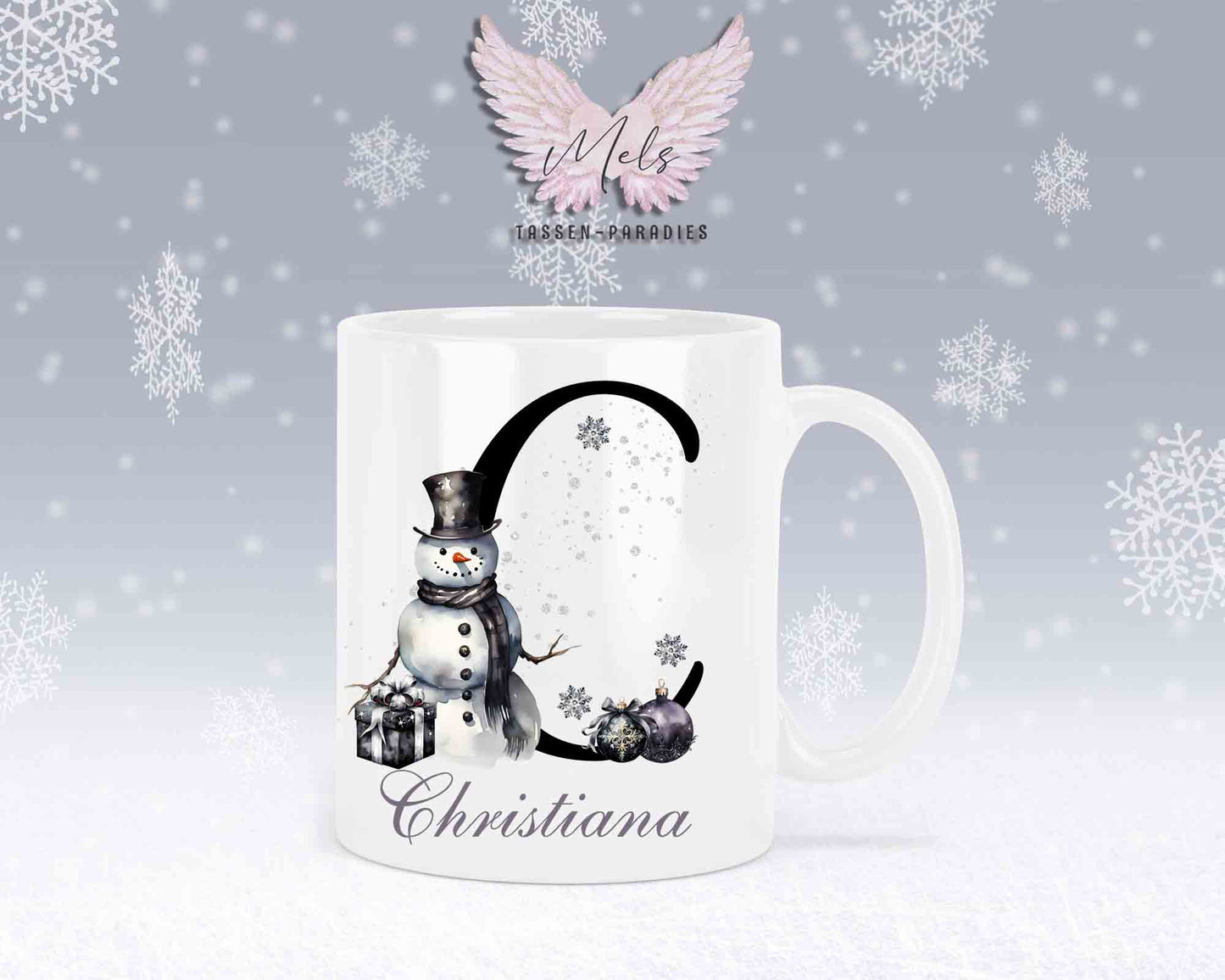 Schneemann Black-Alphabet mit Name - Personalisierte Keramik-Tasse Weiß