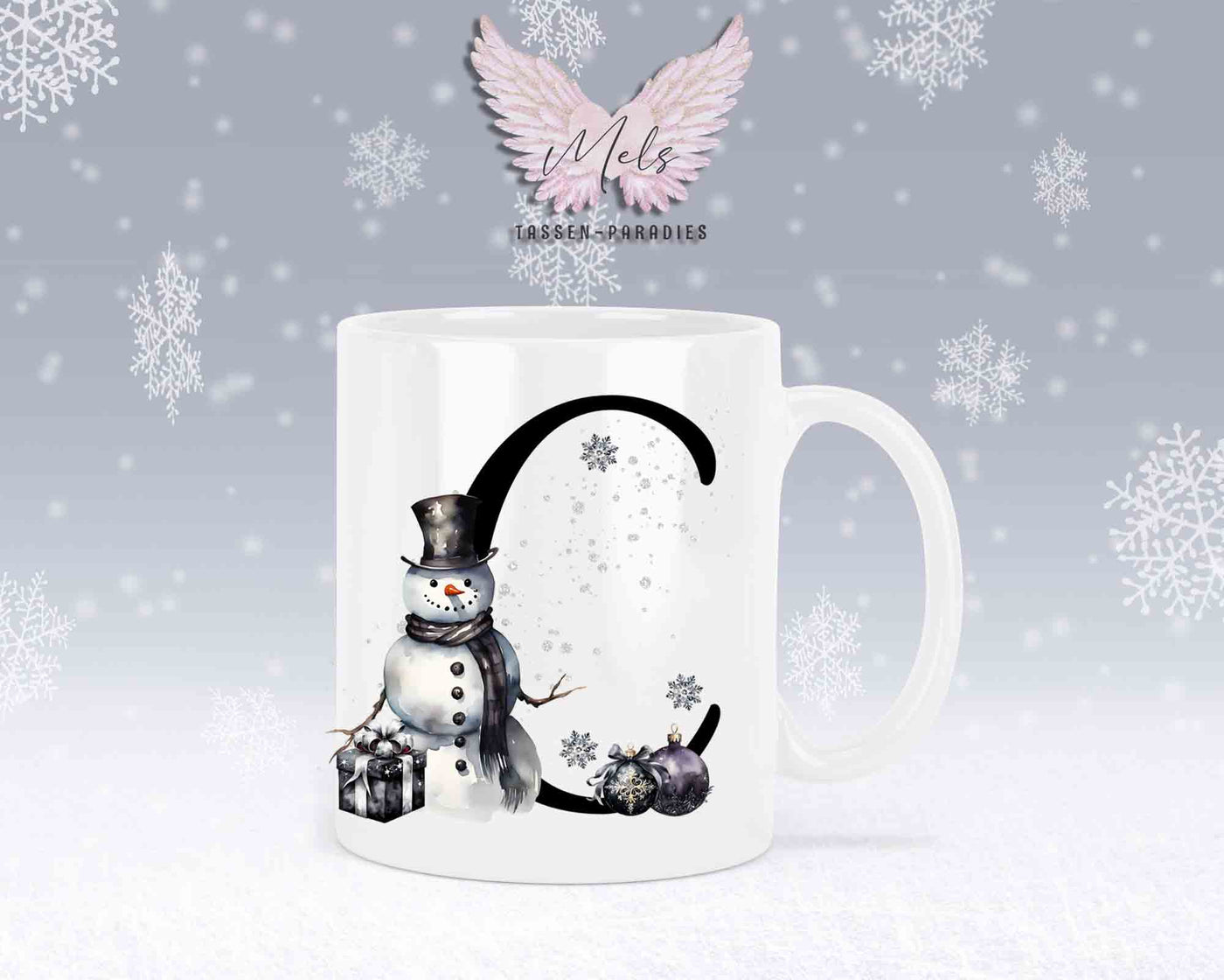 Schneemann Black-Alphabet mit Name - Personalisierte Keramik-Tasse Weiß