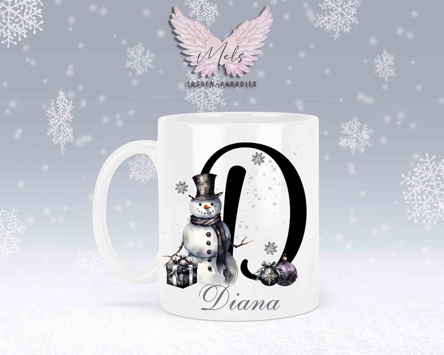 Schneemann Black-Alphabet mit Name - Personalisierte Keramik-Tasse Weiß