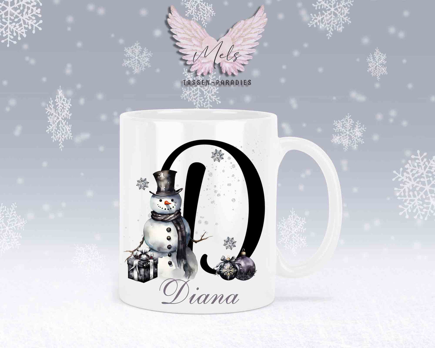 Schneemann Black-Alphabet mit Name - Personalisierte Keramik-Tasse Weiß