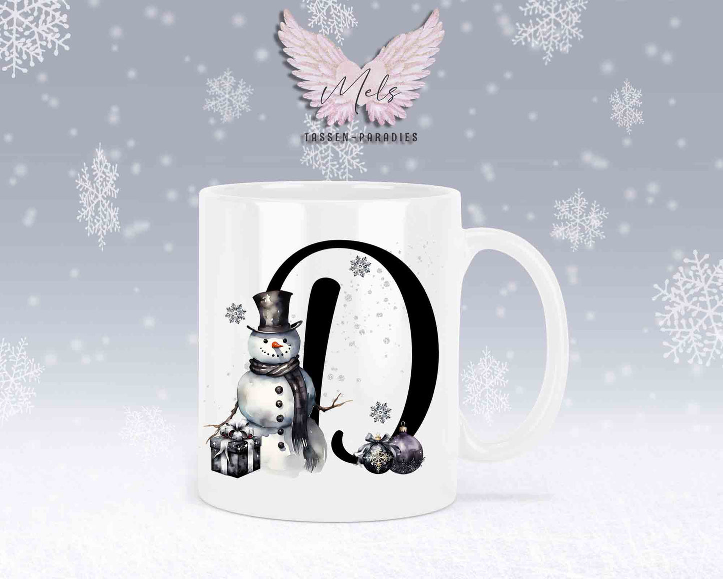 Schneemann Black-Alphabet mit Name - Personalisierte Keramik-Tasse Weiß