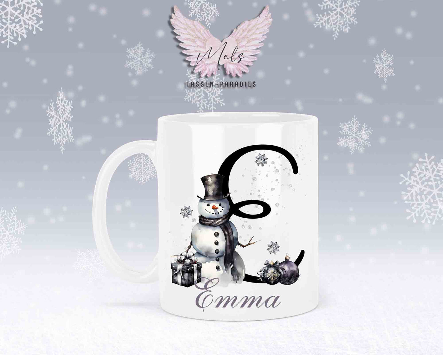 Schneemann Black-Alphabet mit Name - Personalisierte Keramik-Tasse Weiß