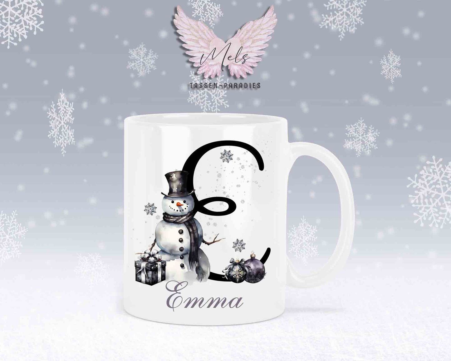 Schneemann Black-Alphabet mit Name - Personalisierte Keramik-Tasse Weiß