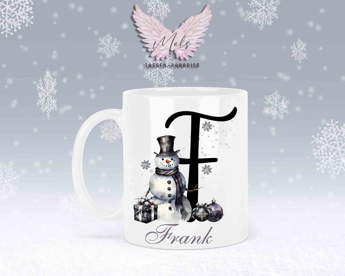 Schneemann Black-Alphabet mit Name - Personalisierte Keramik-Tasse Weiß