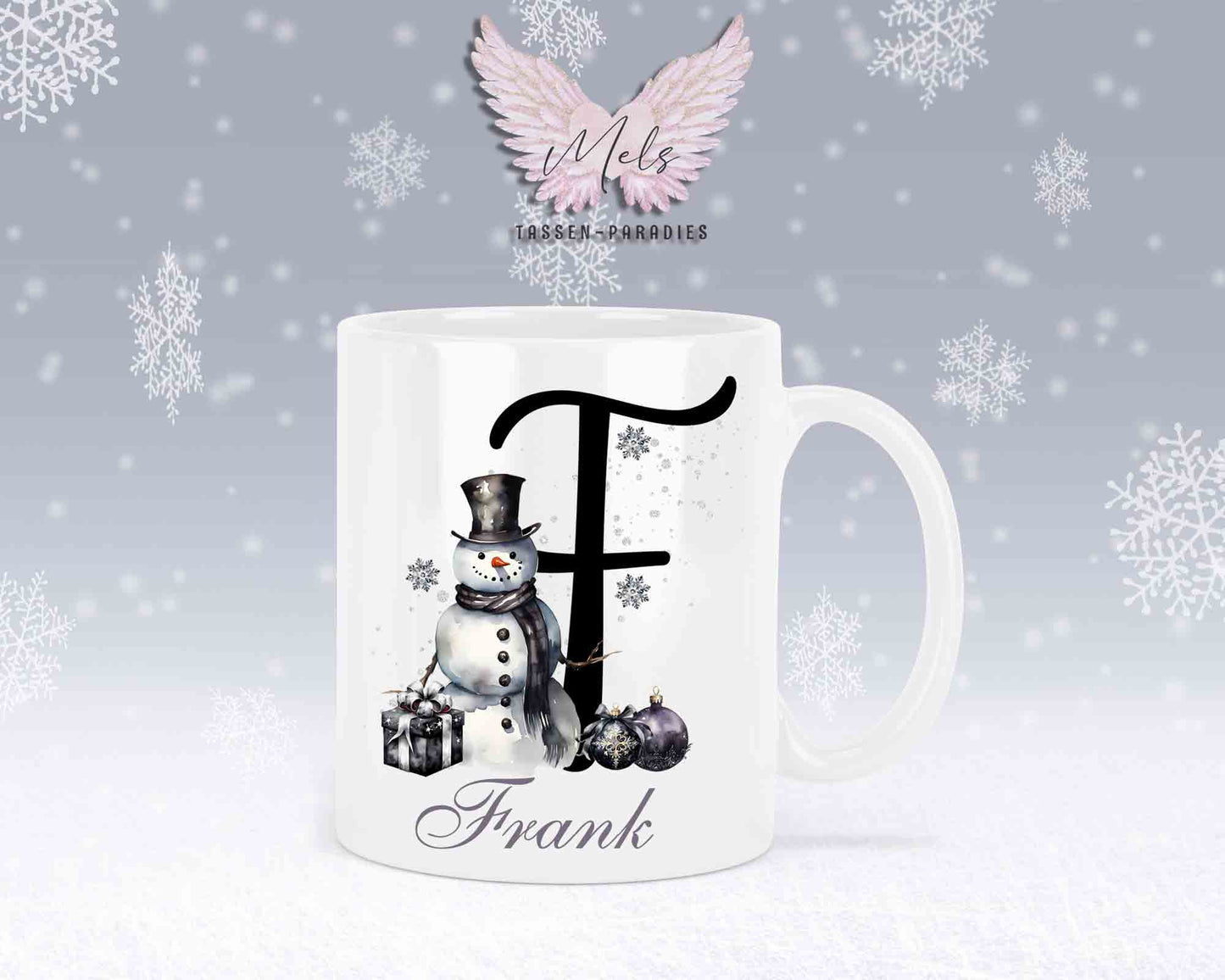 Schneemann Black-Alphabet mit Name - Personalisierte Keramik-Tasse Weiß