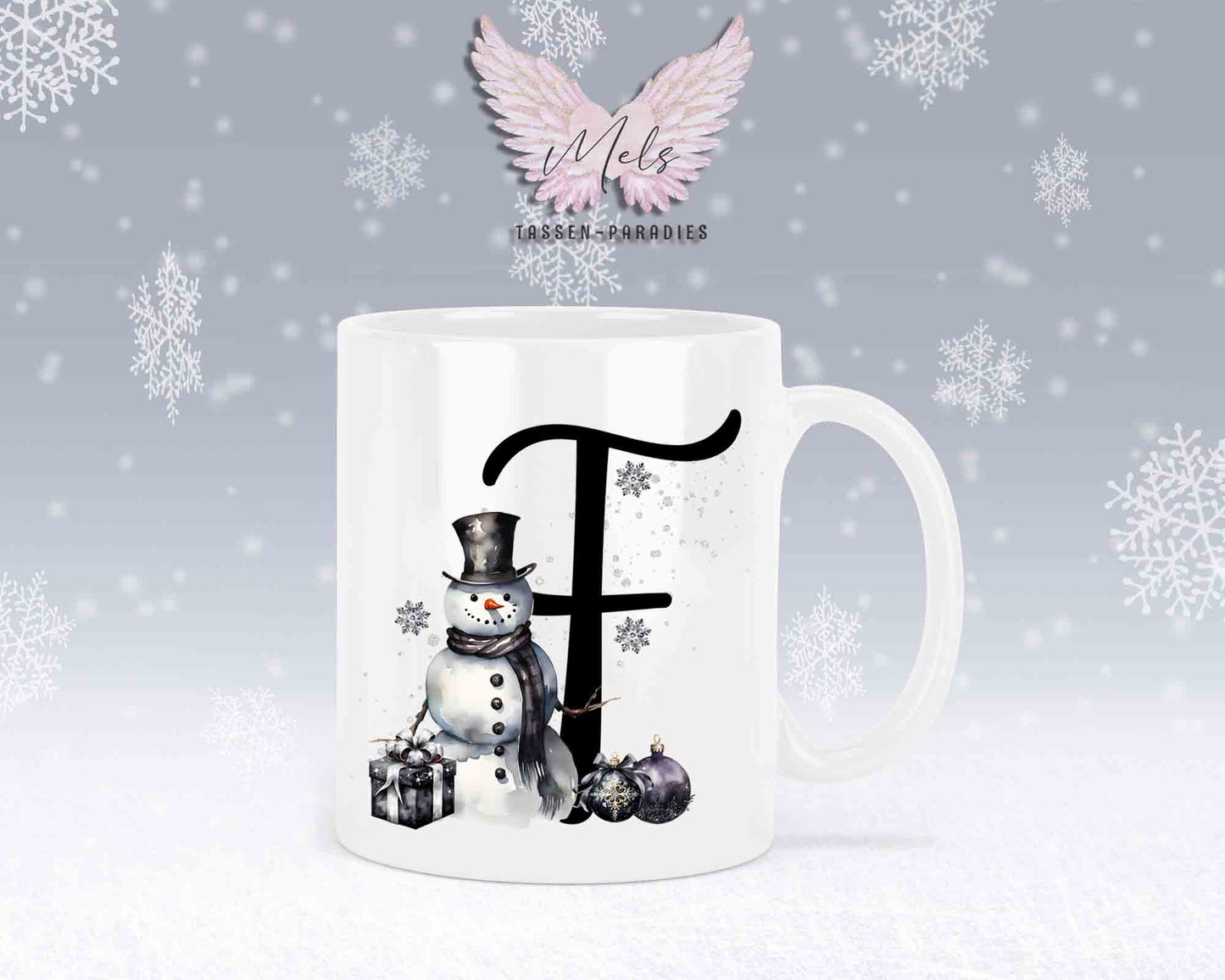 Schneemann Black-Alphabet mit Name - Personalisierte Keramik-Tasse Weiß