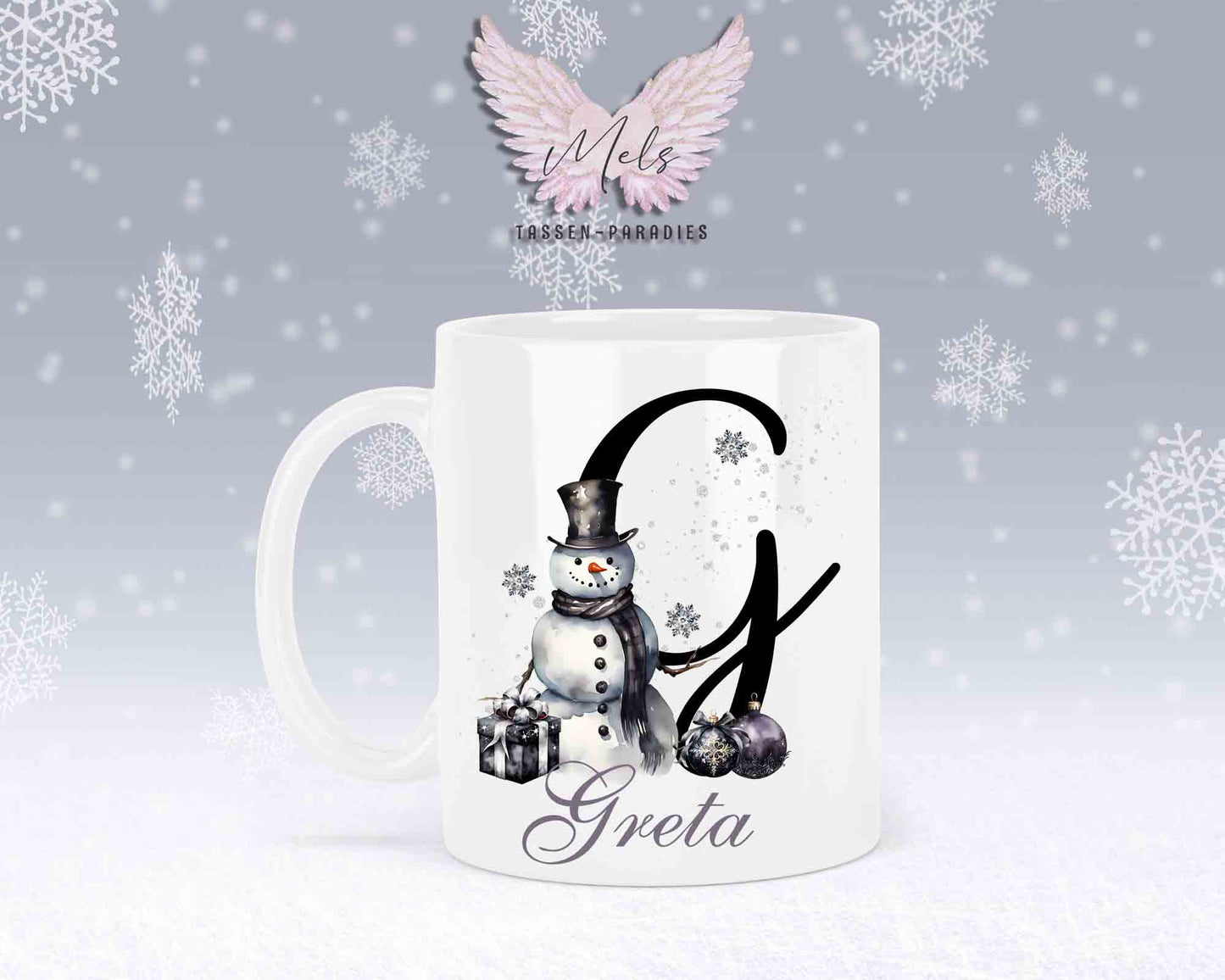 Schneemann Black-Alphabet mit Name - Personalisierte Keramik-Tasse Weiß