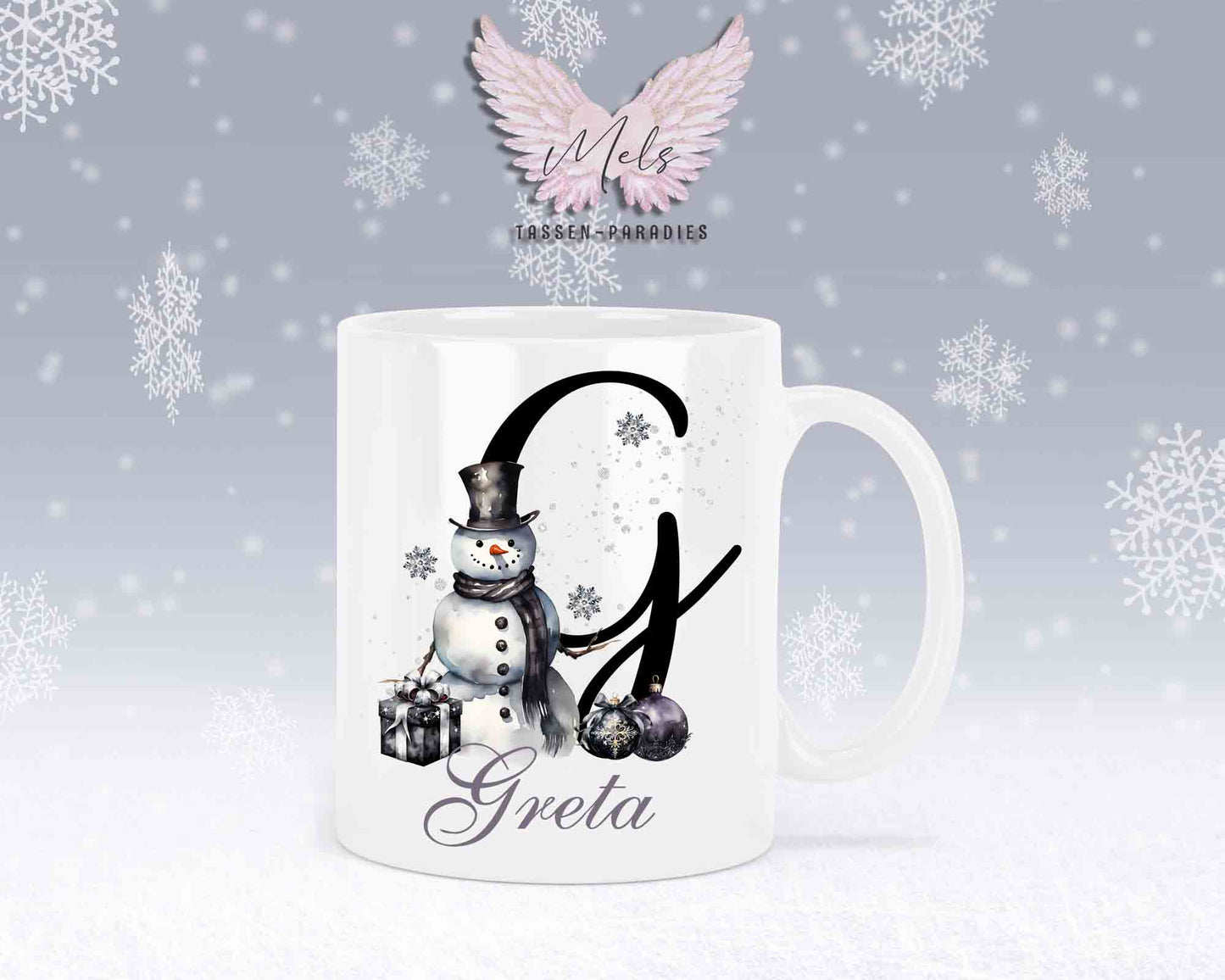 Schneemann Black-Alphabet mit Name - Personalisierte Keramik-Tasse Weiß