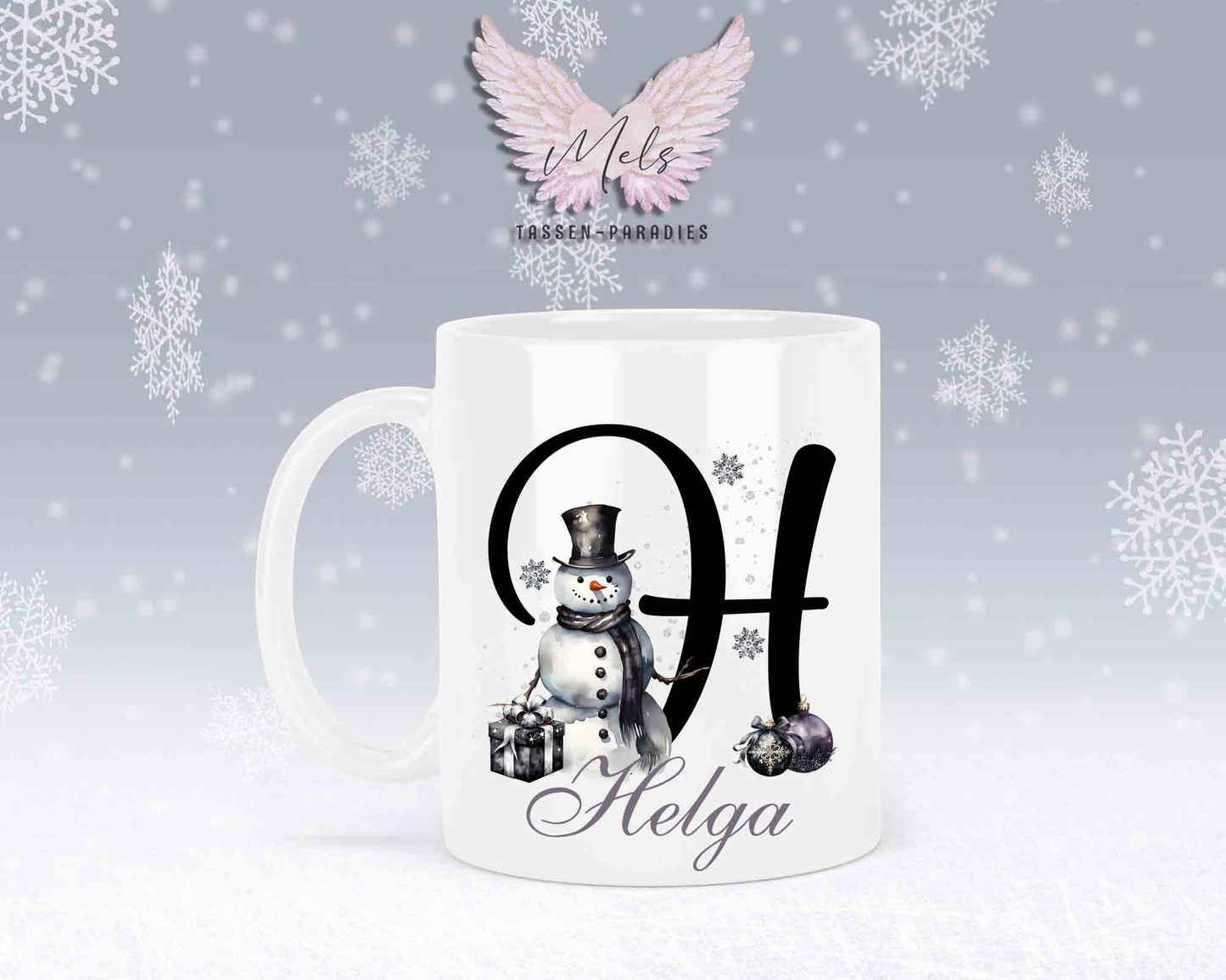 Schneemann Black-Alphabet mit Name - Personalisierte Keramik-Tasse Weiß