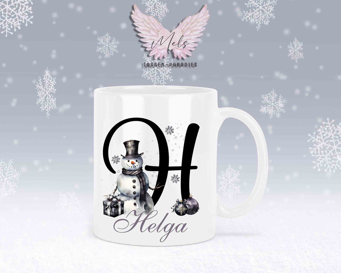 Schneemann Black-Alphabet mit Name - Personalisierte Keramik-Tasse Weiß