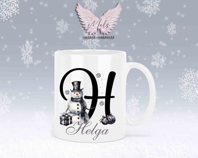 Schneemann Black-Alphabet mit Name - Personalisierte Keramik-Tasse Weiß