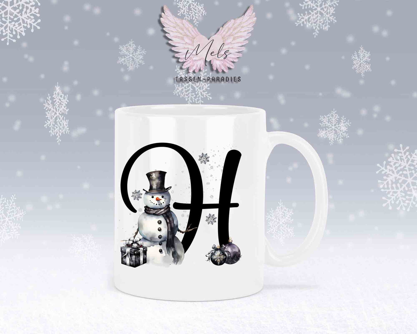 Schneemann Black-Alphabet mit Name - Personalisierte Keramik-Tasse Weiß