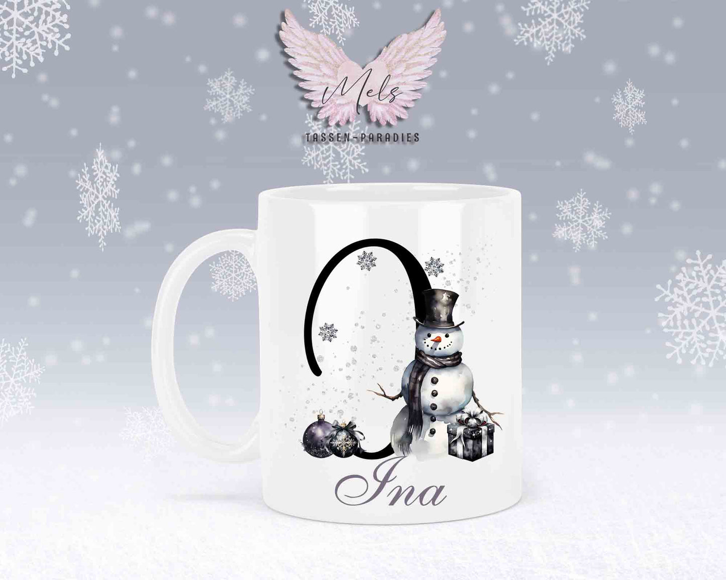 Schneemann Black-Alphabet mit Name - Personalisierte Keramik-Tasse Weiß