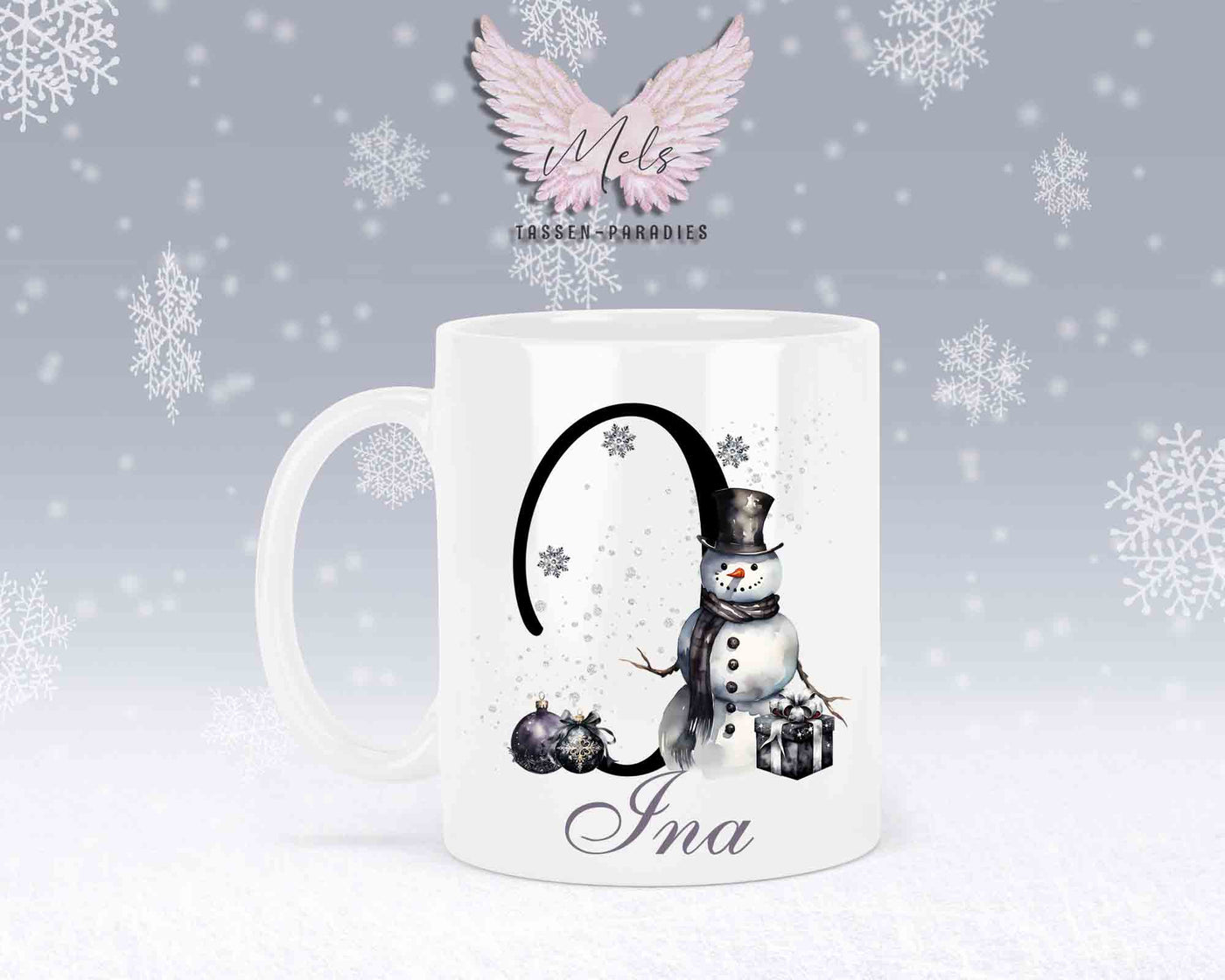 Schneemann Black-Alphabet mit Name - Personalisierte Keramik-Tasse Weiß
