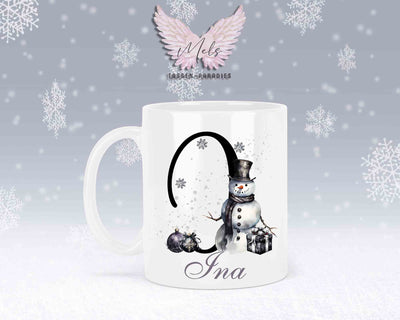 Schneemann Black-Alphabet mit Name - Personalisierte Keramik-Tasse Weiß