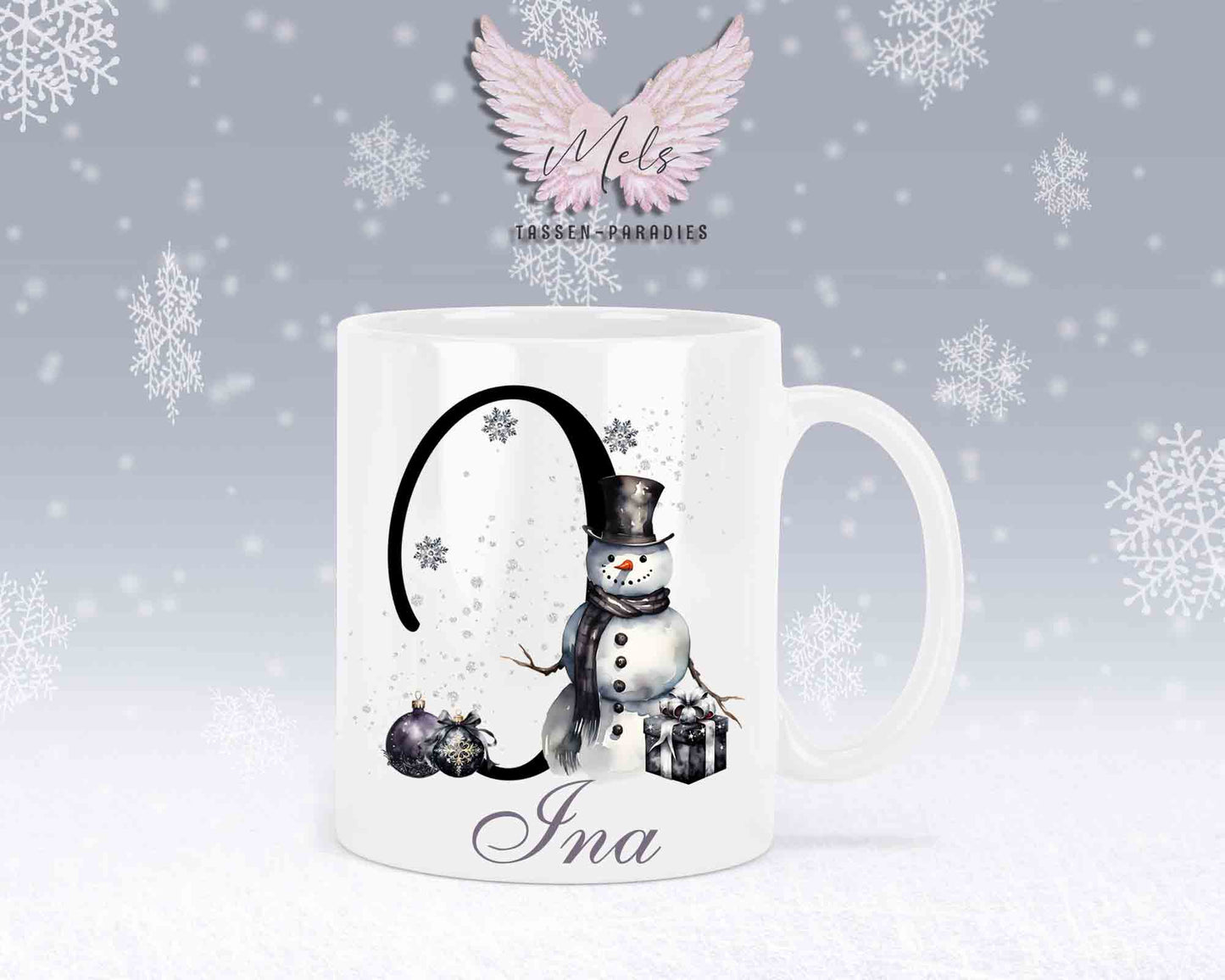 Schneemann Black-Alphabet mit Name - Personalisierte Keramik-Tasse Weiß