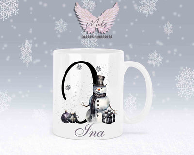 Schneemann Black-Alphabet mit Name - Personalisierte Keramik-Tasse Weiß