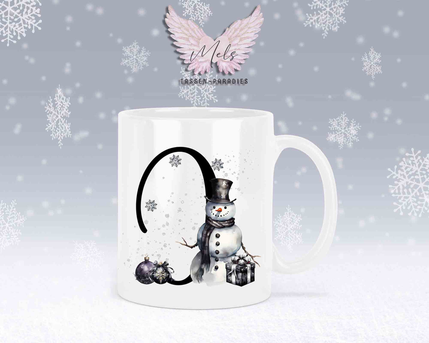 Schneemann Black-Alphabet mit Name - Personalisierte Keramik-Tasse Weiß