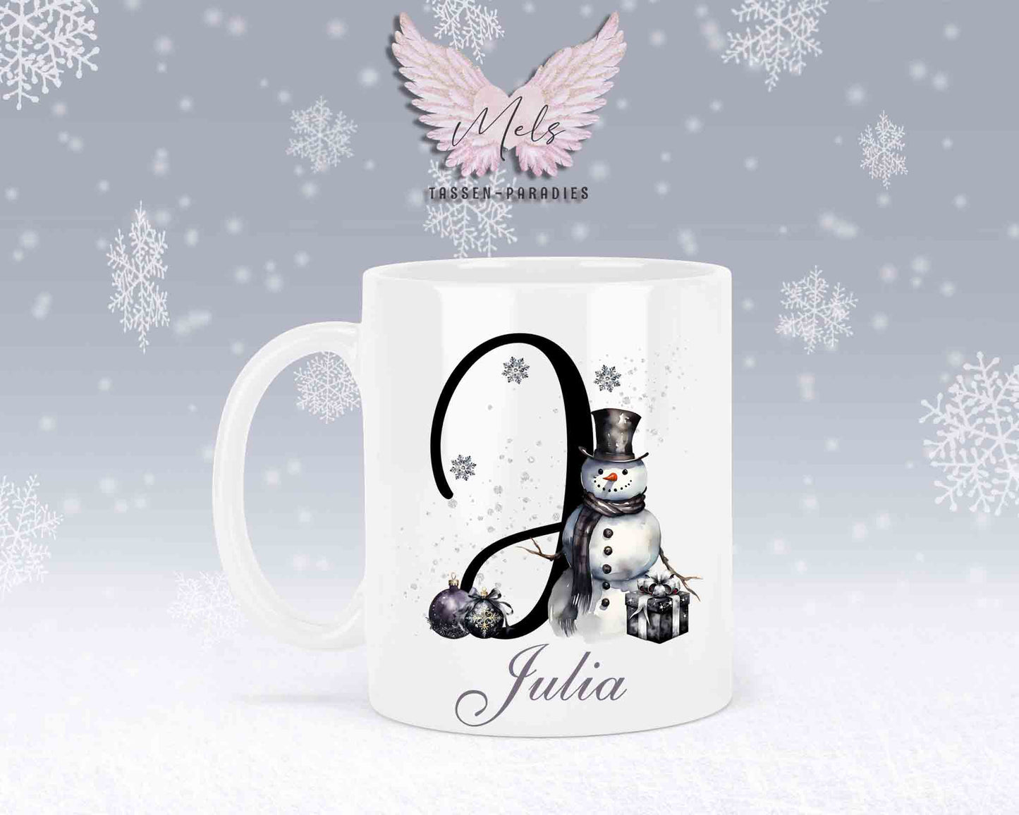 Schneemann Black-Alphabet mit Name - Personalisierte Keramik-Tasse Weiß