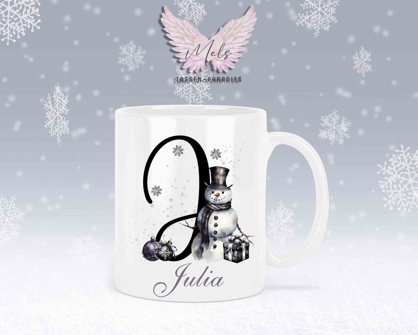 Schneemann Black-Alphabet mit Name - Personalisierte Keramik-Tasse Weiß