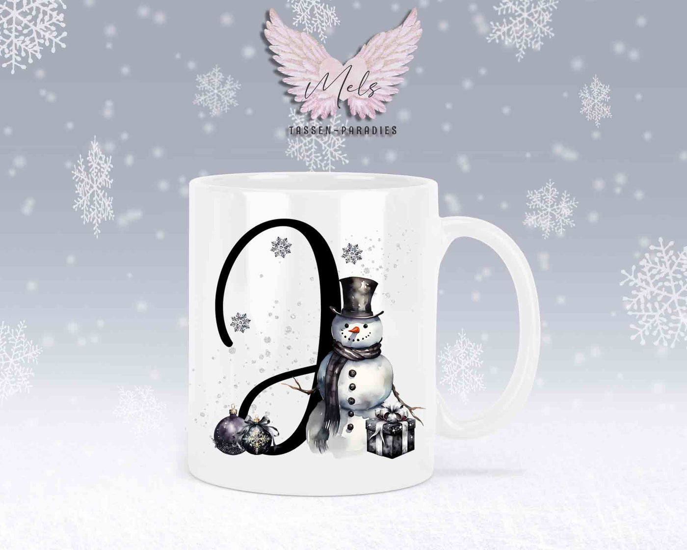 Schneemann Black-Alphabet mit Name - Personalisierte Keramik-Tasse Weiß