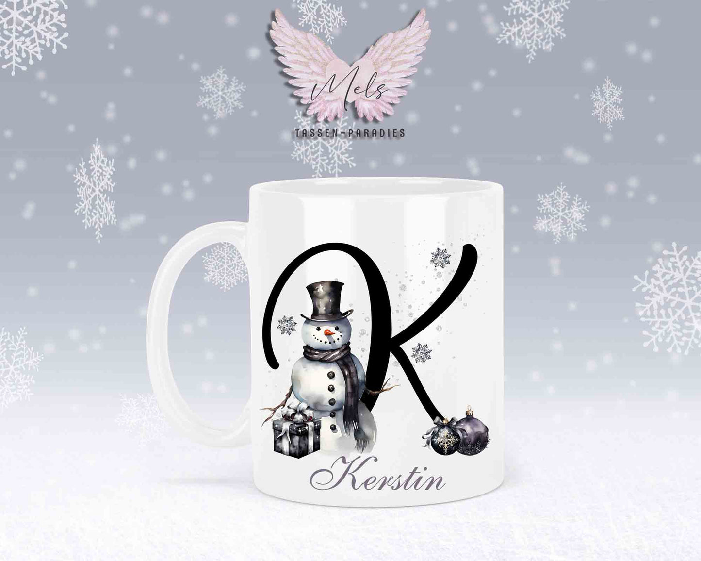 Schneemann Black-Alphabet mit Name - Personalisierte Keramik-Tasse Weiß