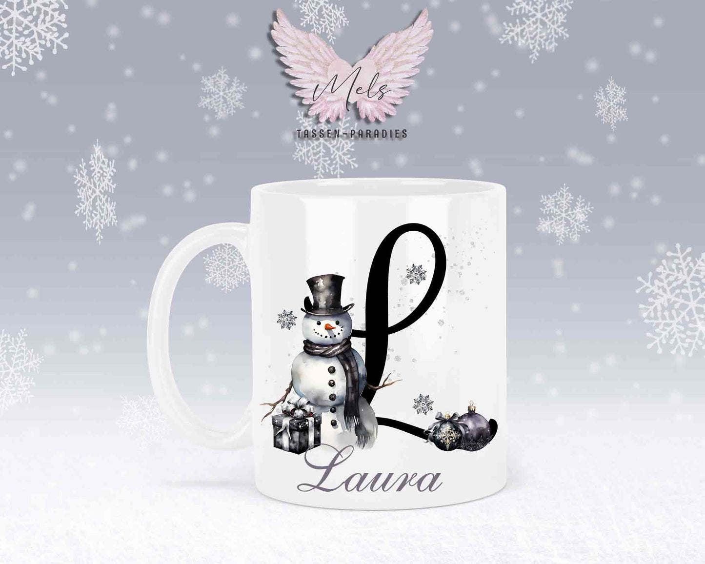 Schneemann Black-Alphabet mit Name - Personalisierte Keramik-Tasse Weiß