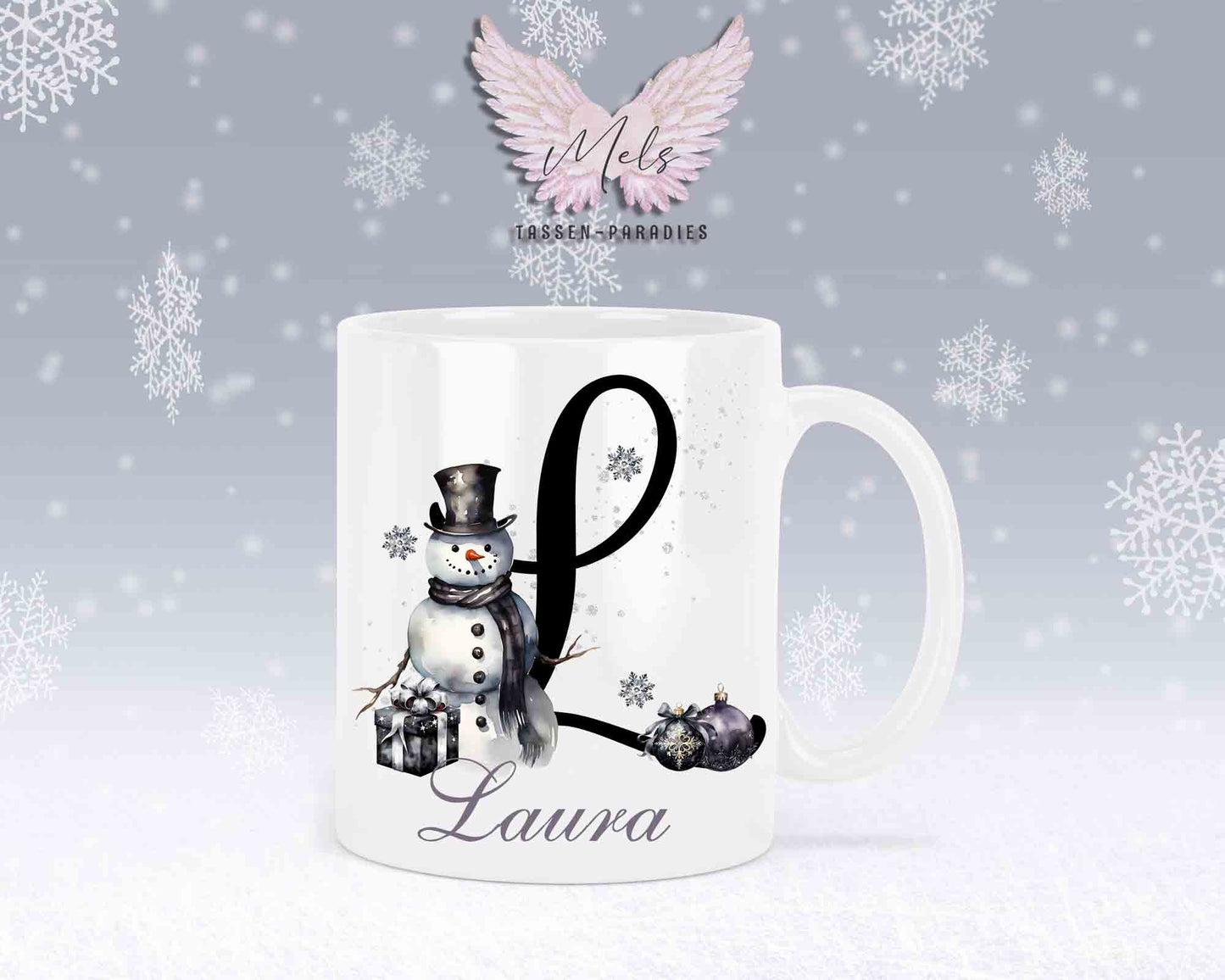 Schneemann Black-Alphabet mit Name - Personalisierte Keramik-Tasse Weiß