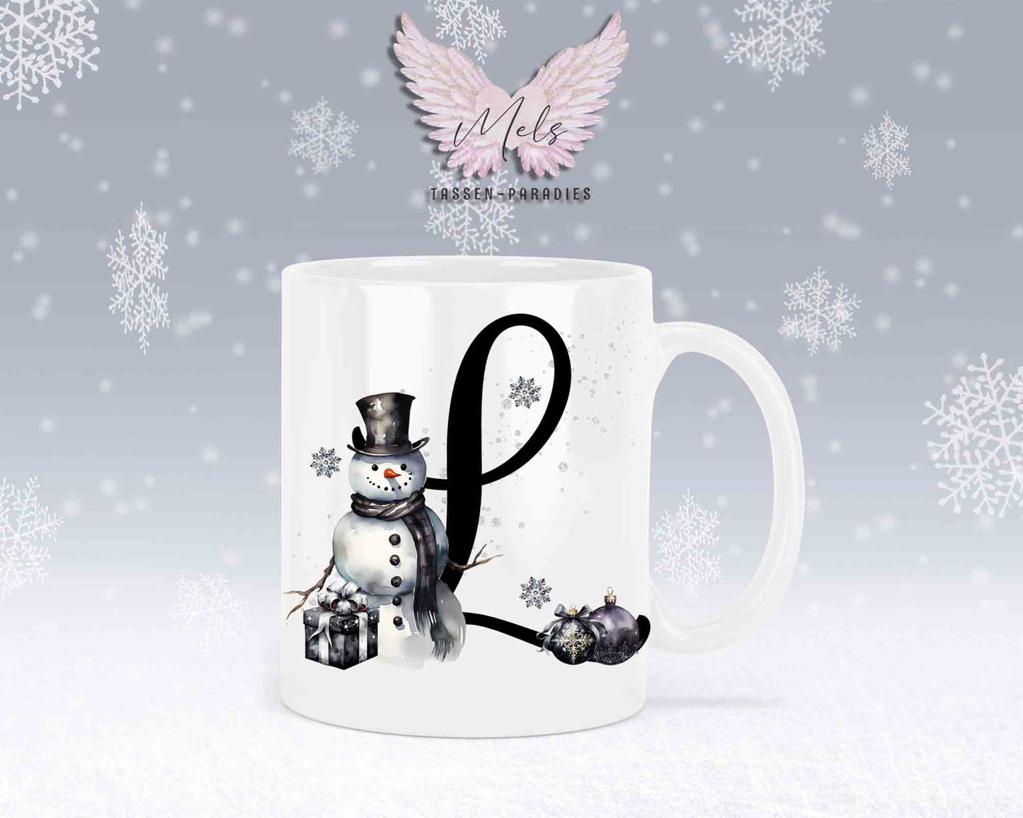 Schneemann Black-Alphabet mit Name - Personalisierte Keramik-Tasse Weiß