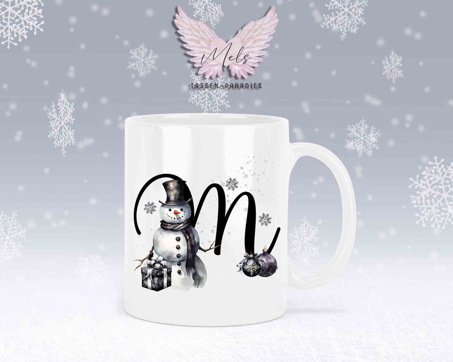 Schneemann Black-Alphabet mit Name - Personalisierte Keramik-Tasse Weiß