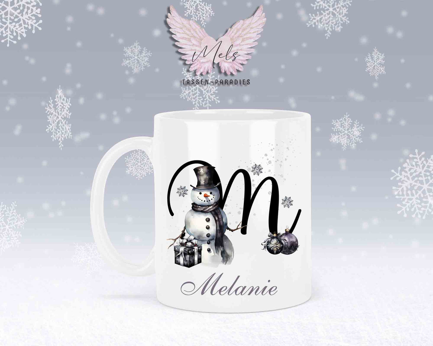 Schneemann Black-Alphabet mit Name - Personalisierte Keramik-Tasse Weiß