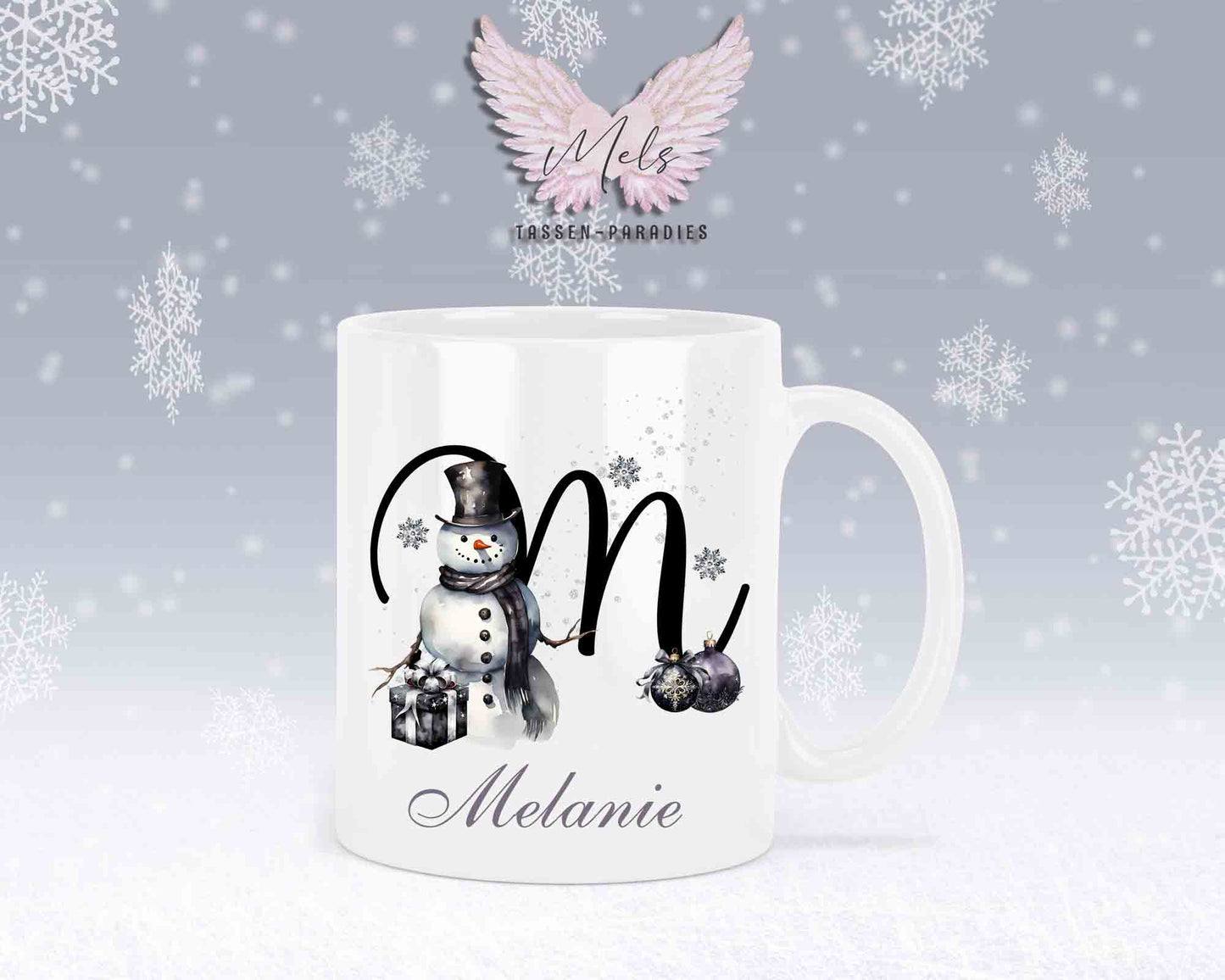 Schneemann Black-Alphabet mit Name - Personalisierte Keramik-Tasse Weiß