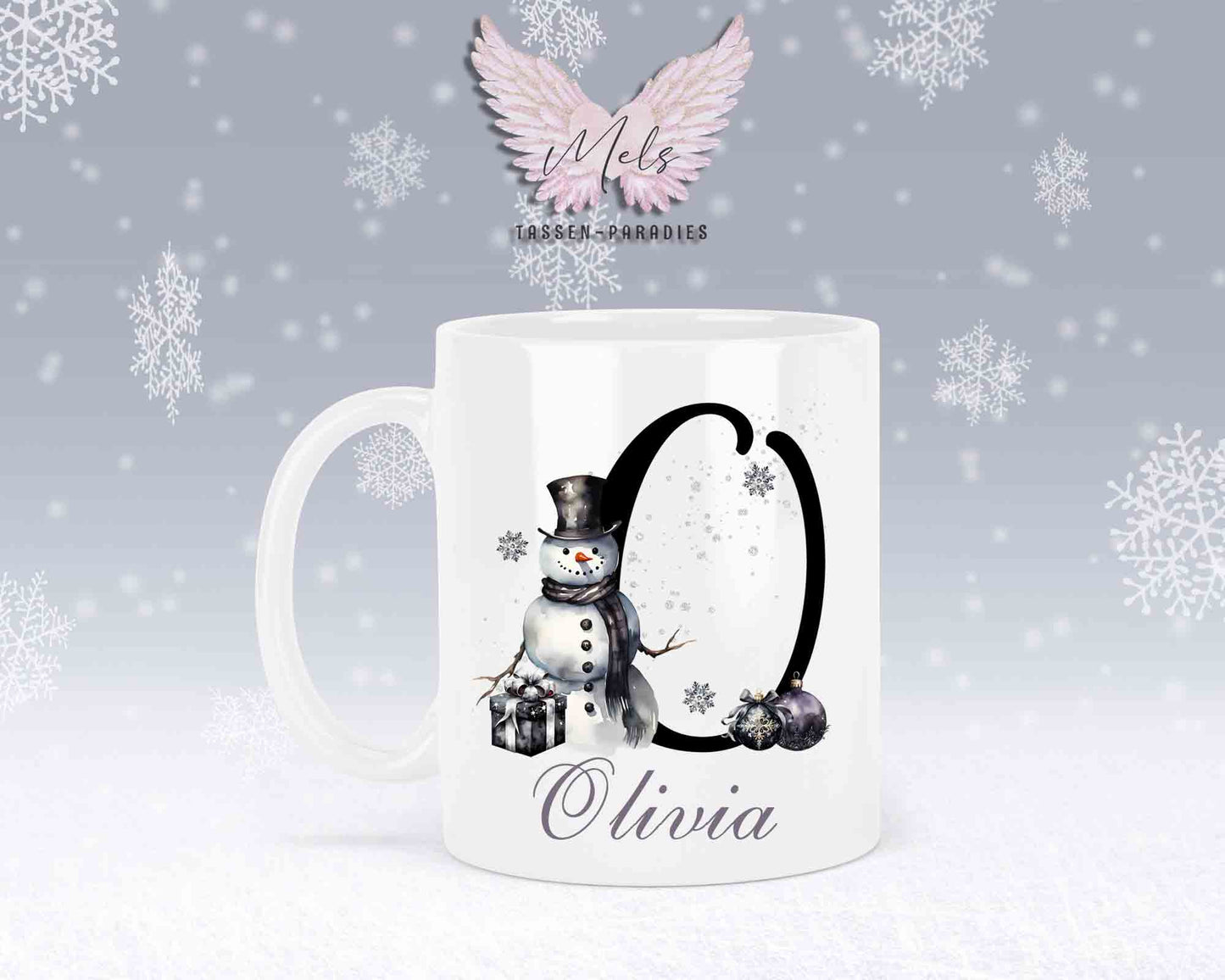 Schneemann Black-Alphabet mit Name - Personalisierte Keramik-Tasse Weiß