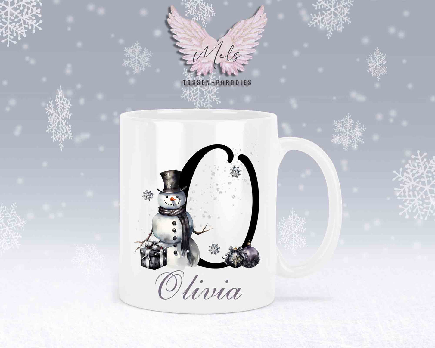 Schneemann Black-Alphabet mit Name - Personalisierte Keramik-Tasse Weiß