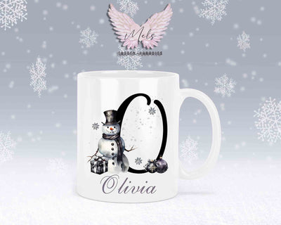 Schneemann Black-Alphabet mit Name - Personalisierte Keramik-Tasse Weiß
