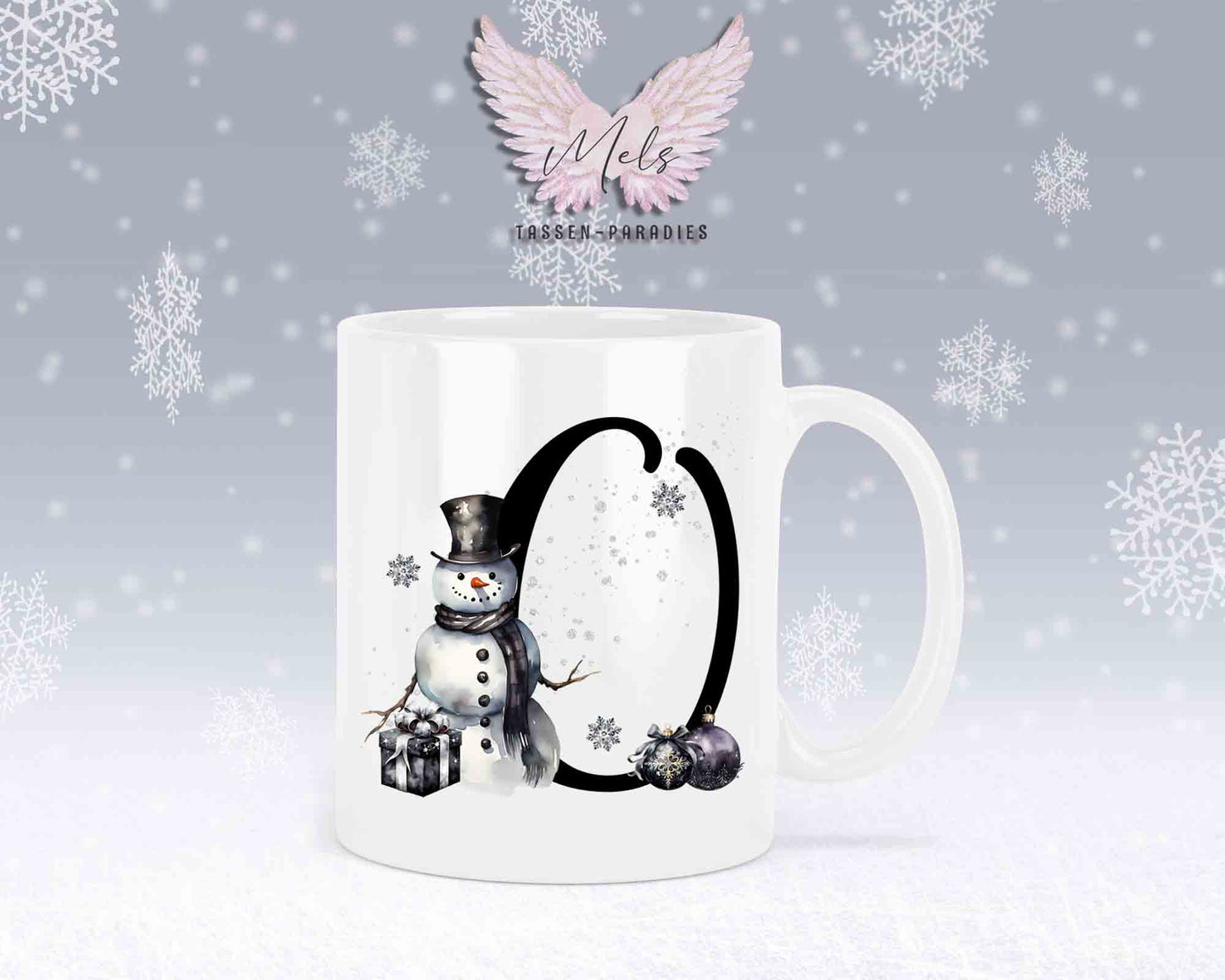 Schneemann Black-Alphabet mit Name - Personalisierte Keramik-Tasse Weiß