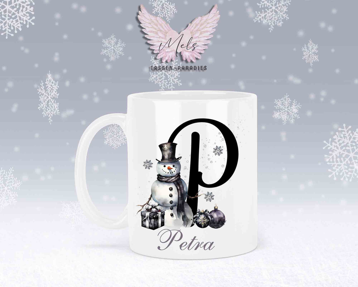 Schneemann Black-Alphabet mit Name - Personalisierte Keramik-Tasse Weiß