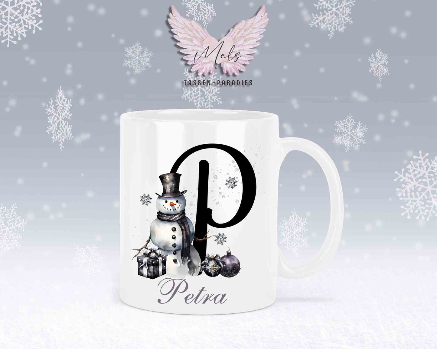 Schneemann Black-Alphabet mit Name - Personalisierte Keramik-Tasse Weiß