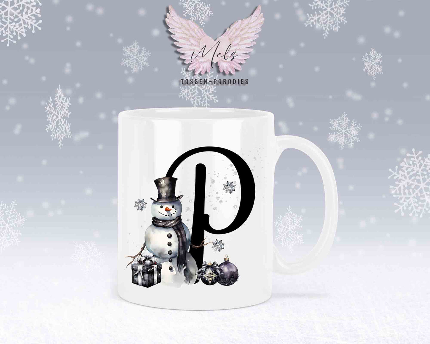 Schneemann Black-Alphabet mit Name - Personalisierte Keramik-Tasse Weiß