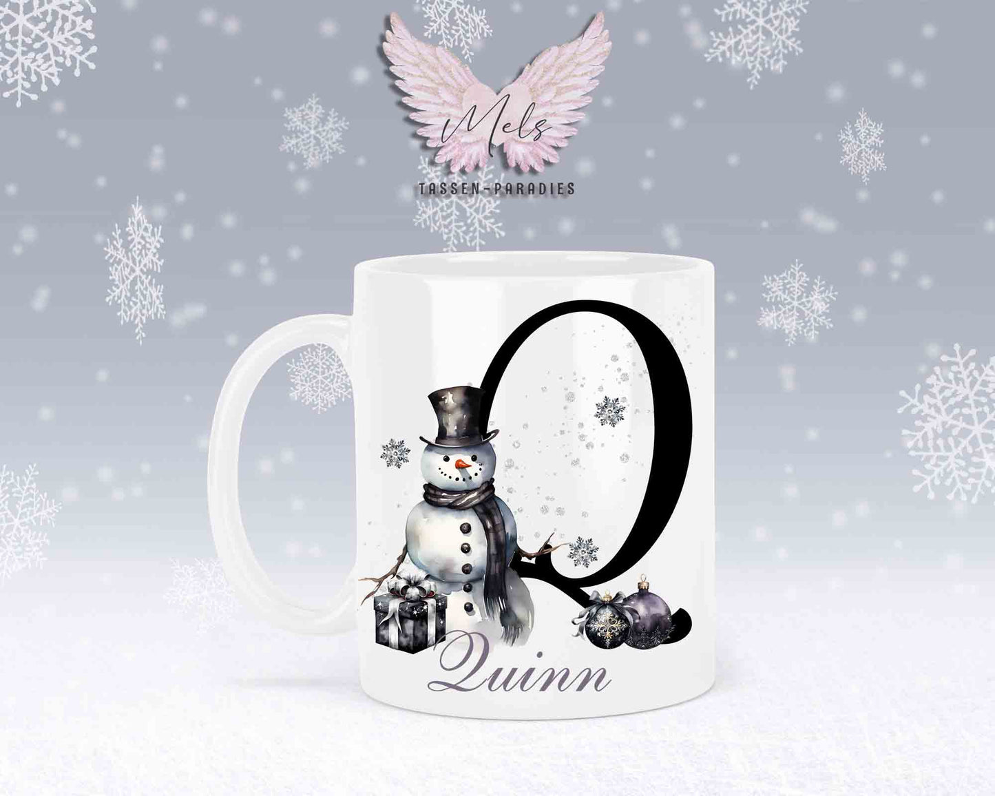 Schneemann Black-Alphabet mit Name - Personalisierte Keramik-Tasse Weiß