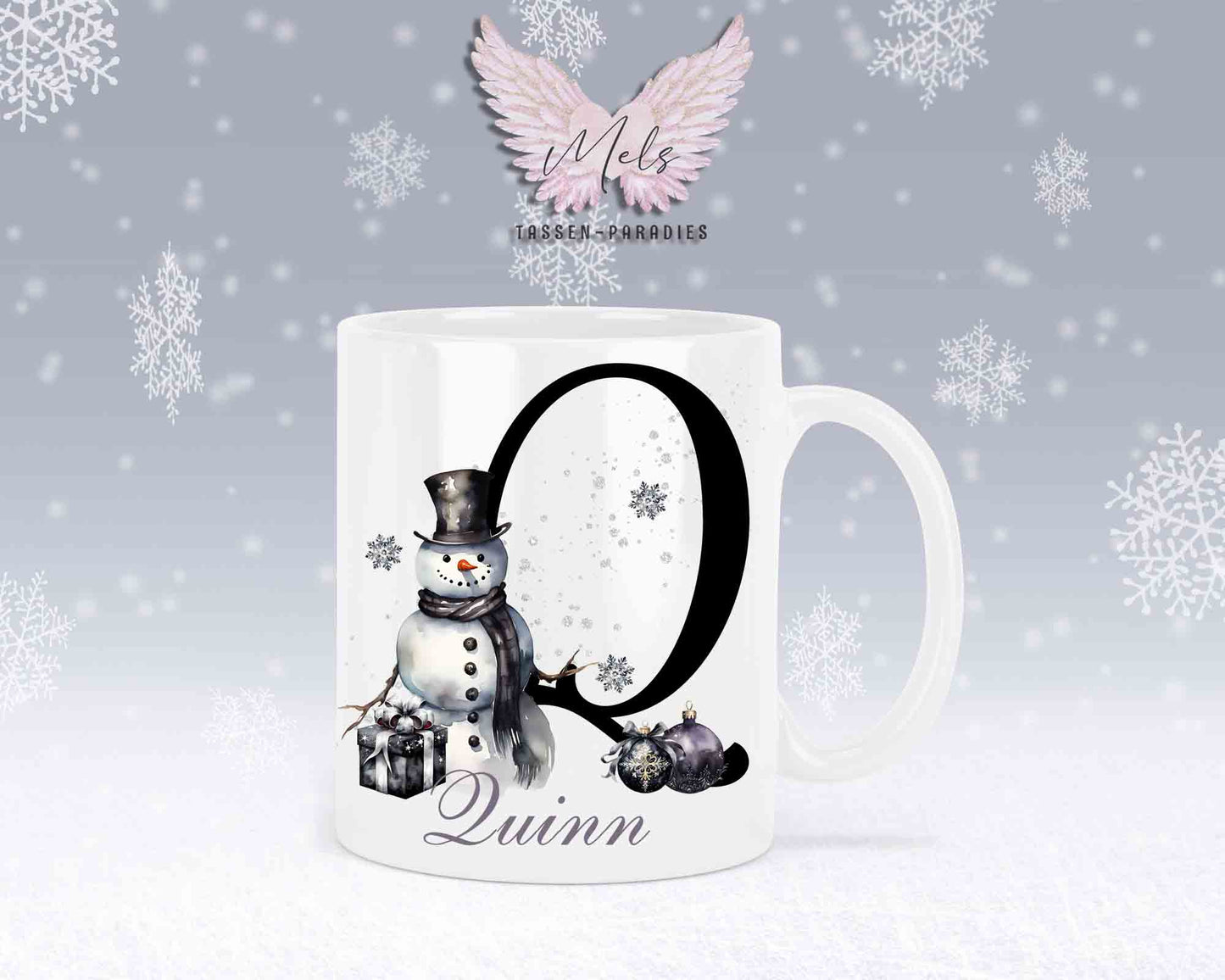 Schneemann Black-Alphabet mit Name - Personalisierte Keramik-Tasse Weiß