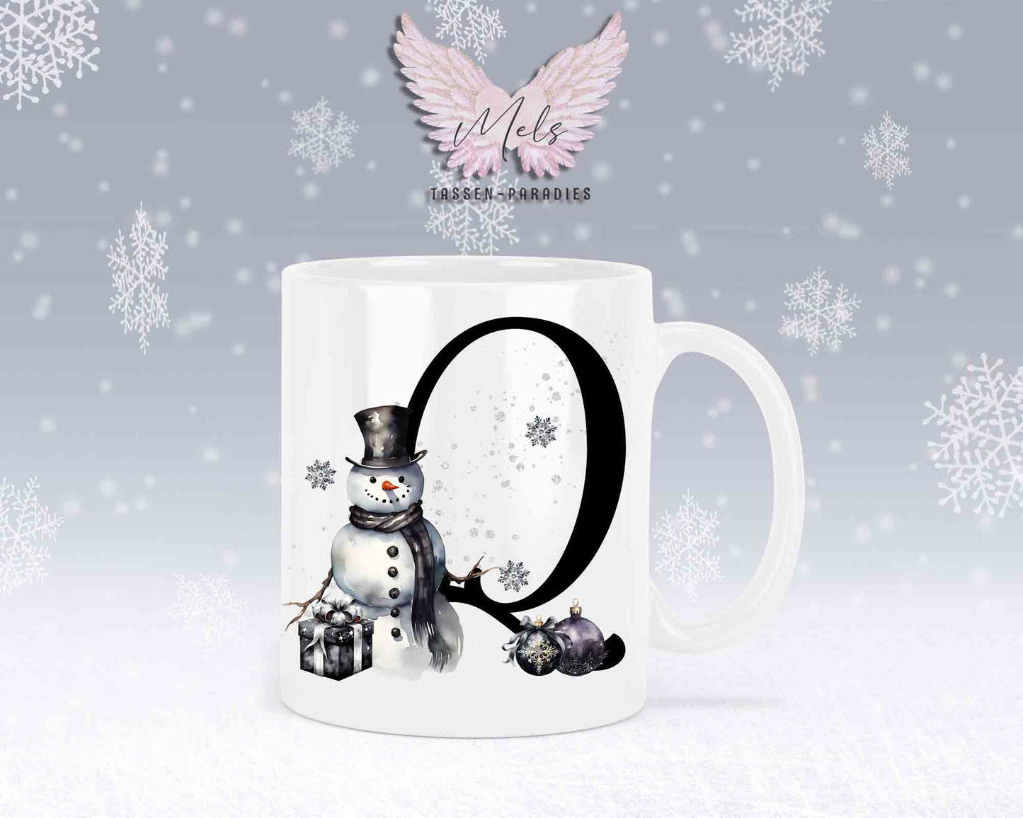 Schneemann Black-Alphabet mit Name - Personalisierte Keramik-Tasse Weiß