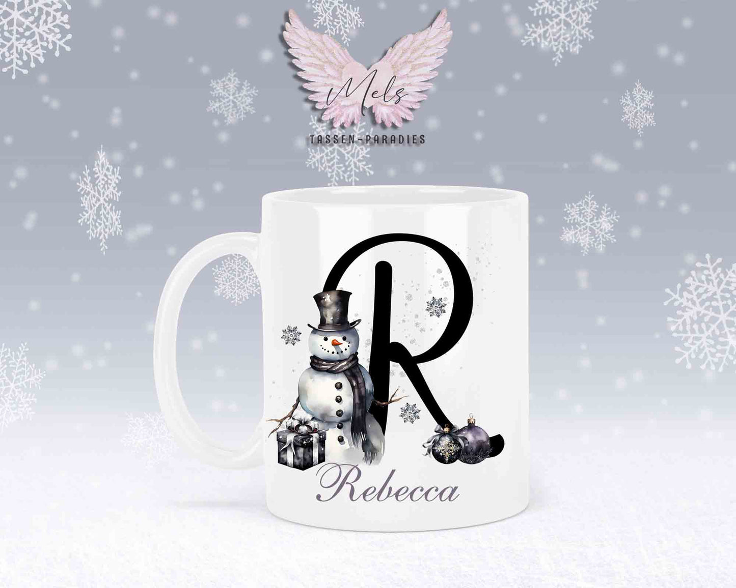 Schneemann Black-Alphabet mit Name - Personalisierte Keramik-Tasse Weiß