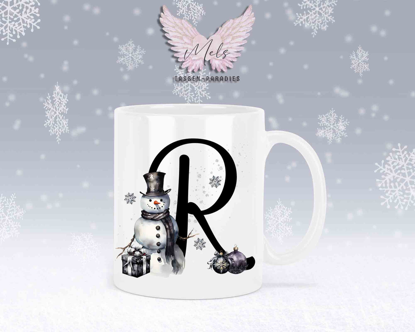 Schneemann Black-Alphabet mit Name - Personalisierte Keramik-Tasse Weiß