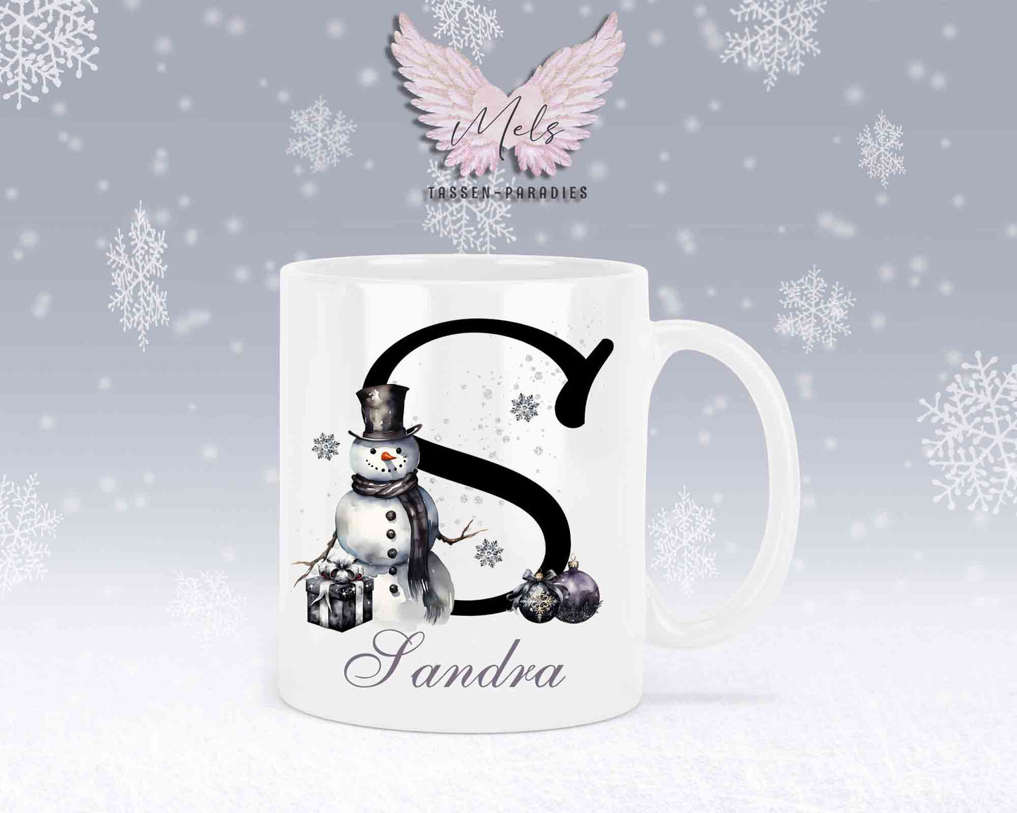 Schneemann Black-Alphabet mit Name - Personalisierte Keramik-Tasse Weiß