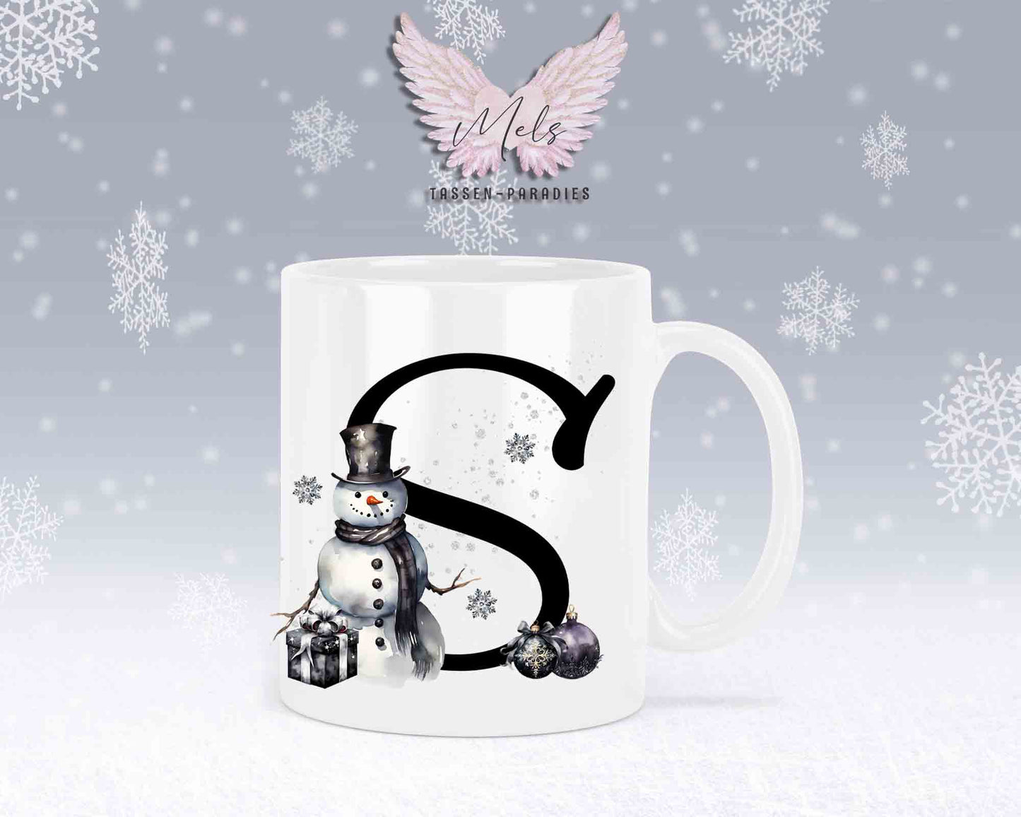 Schneemann Black-Alphabet mit Name - Personalisierte Keramik-Tasse Weiß