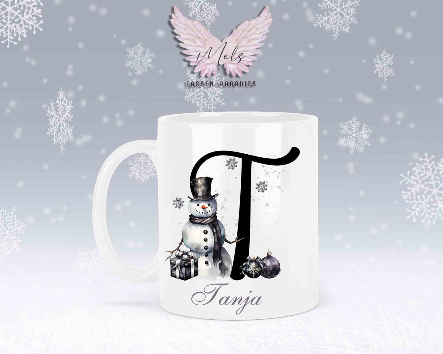 Schneemann Black-Alphabet mit Name - Personalisierte Keramik-Tasse Weiß