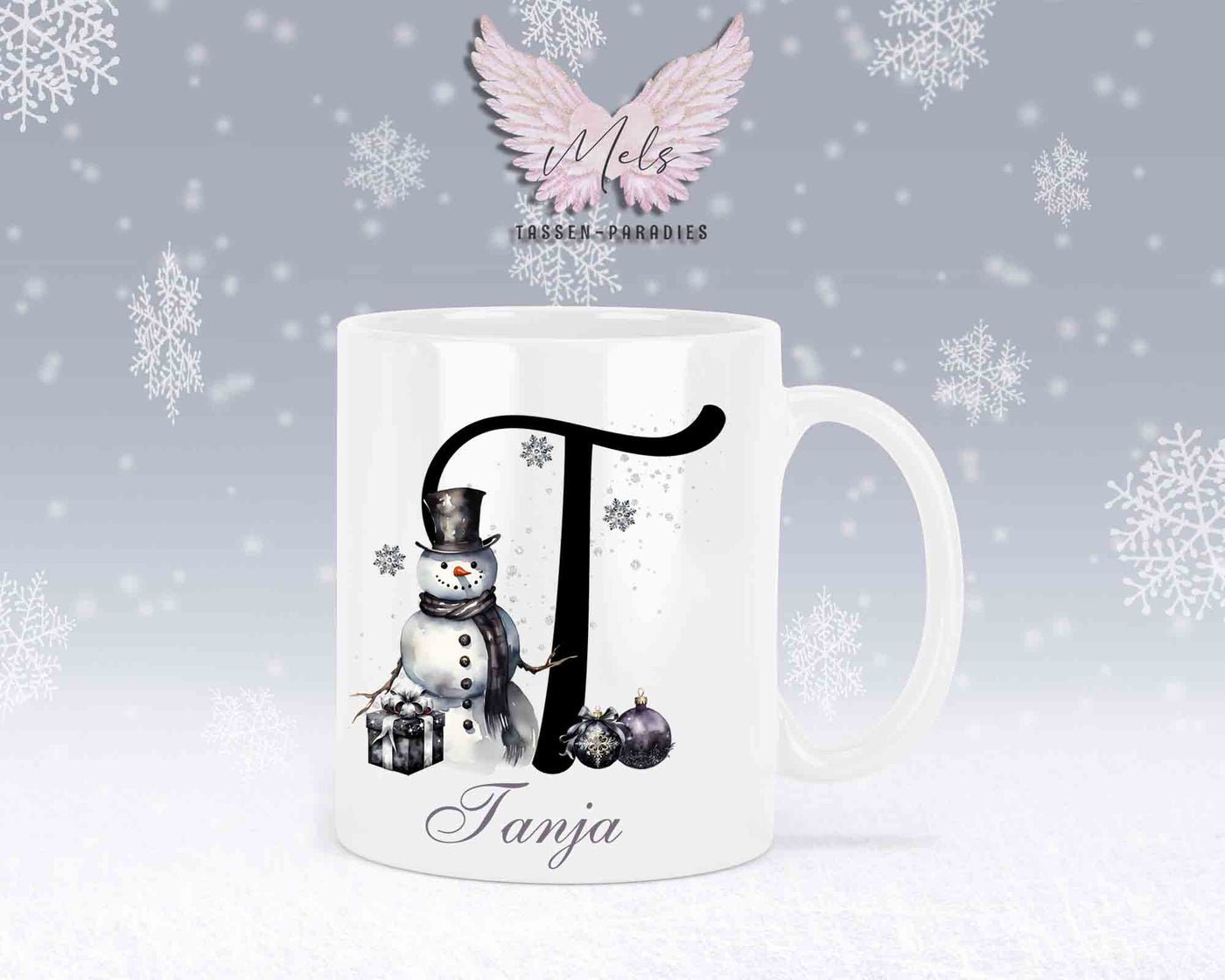 Schneemann Black-Alphabet mit Name - Personalisierte Keramik-Tasse Weiß