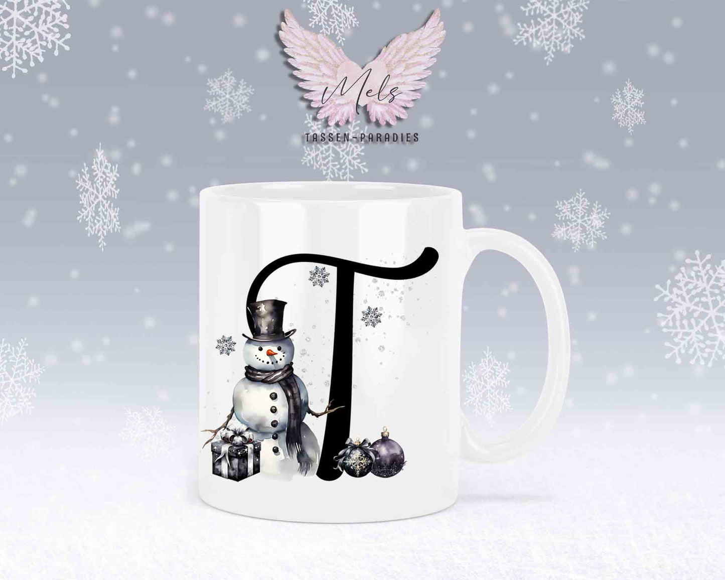 Schneemann Black-Alphabet mit Name - Personalisierte Keramik-Tasse Weiß